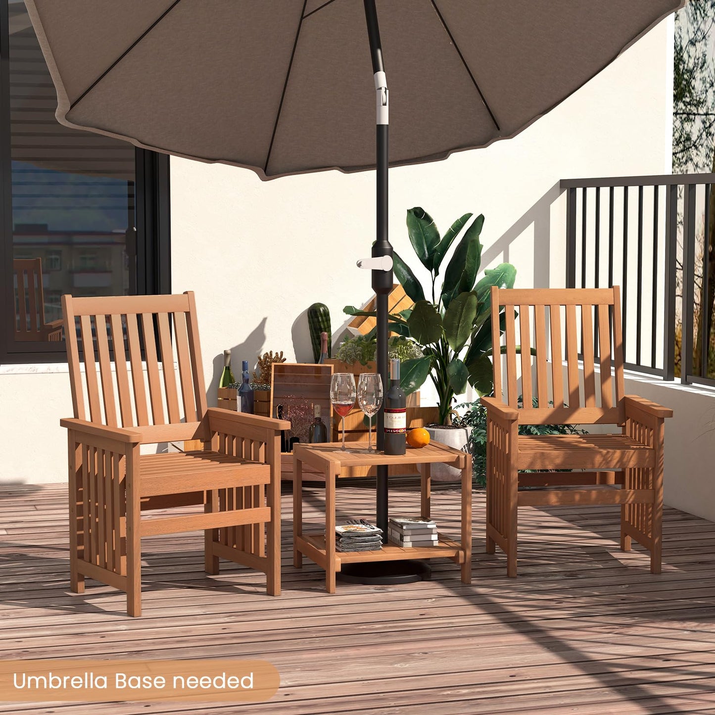 Tangkula 3 Pieces Patio Furniture Set with 1.5” Umbrella Hole, Wood Table and Chairs Set for 2, for Porch, Backyard, Poolside, Lawn, Deck - WoodArtSupply