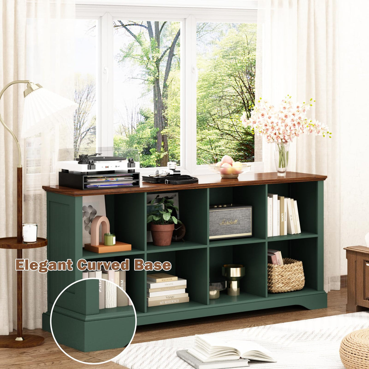 Athyrios 8 Cube Storage Organizer - 62" Long Farmhouse Wood Low Bookshelf, Horizontal Open Shelf Bookcase Cubby Storage Console Cabinet for Living Room, Entryway, Office, Green Athyrios