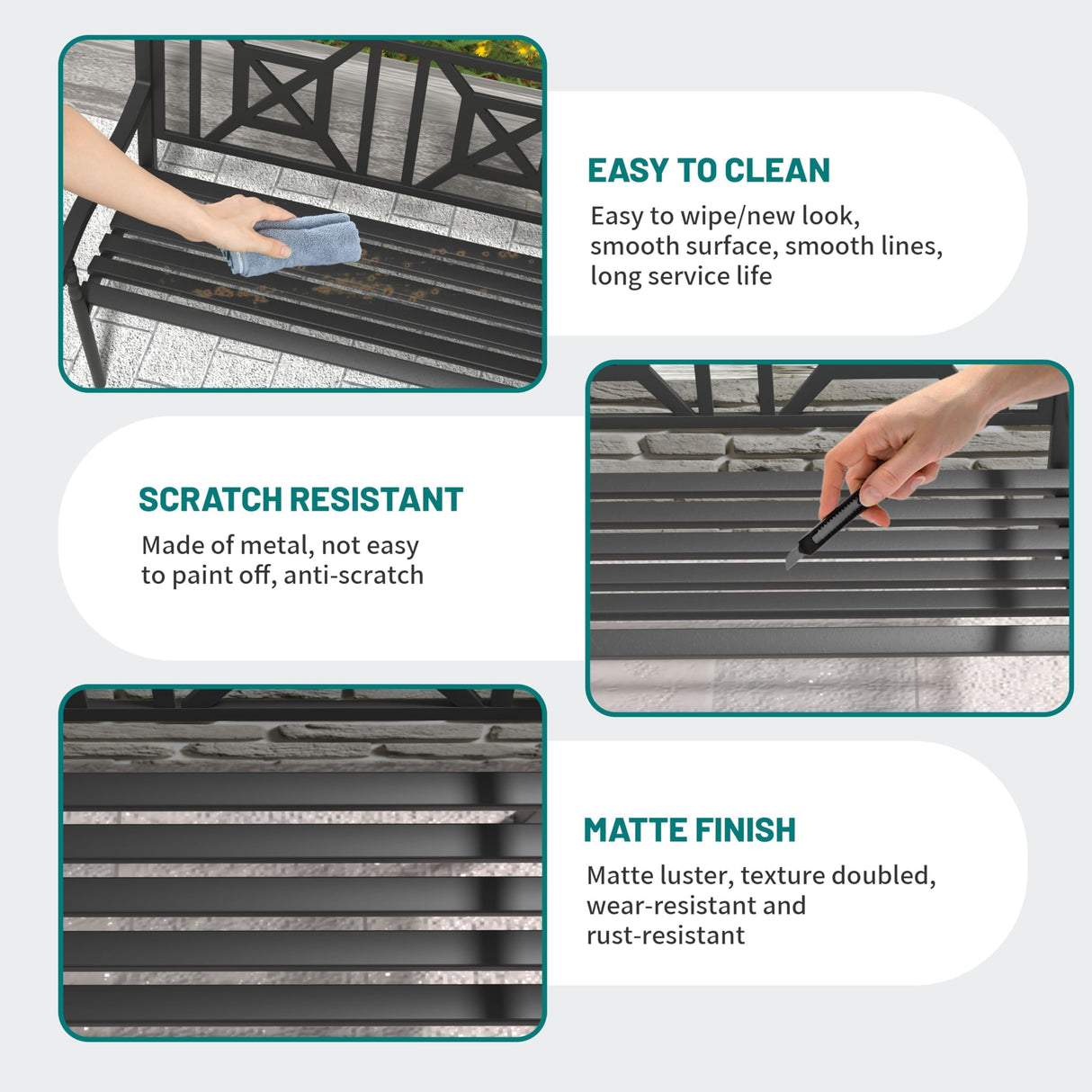 JMGJOY Metal Outdoor Bench, Weatherproof Garden Bench with Square Pattern Backrest and Armrests, for Patio, Porch, Park, Lawn JMGJOY