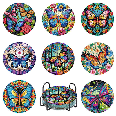 Mrnsiet 8 Pcs Butterfly Diamond Painting Coasters Kits with Holder, DIY Butterfly Diamond Art Coaster Non Slip Coaster for Tabletop Protection 4x4 Inch