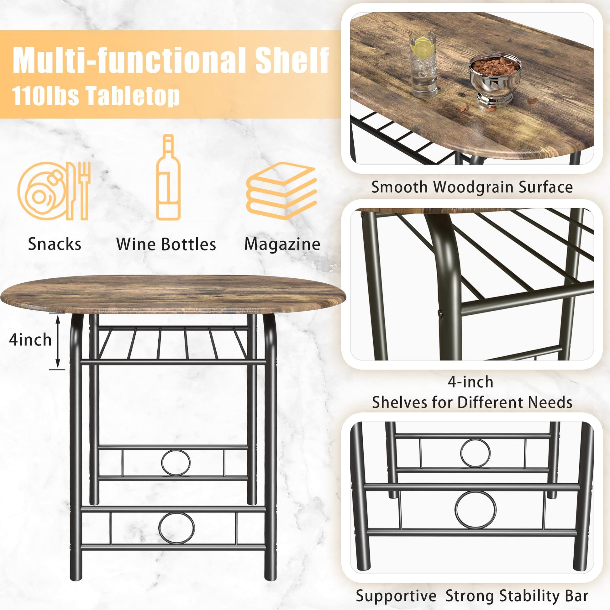 JUMMICO 3-Piece Wooden Round Table & Chair Set, Space Saving Kitchen Breakfast Nook Wood Grain Tabletop with Metal Frame and Built-in Wine Rack for Kitchen, Dining Room (Walnut/Black) - WoodArtSupply