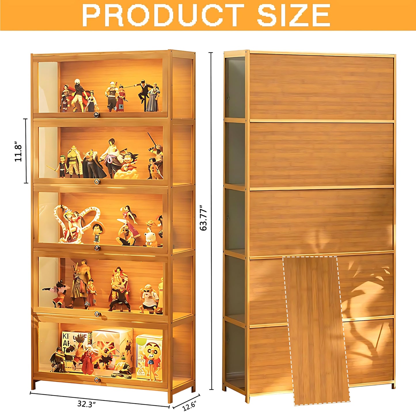 HAOWANJP Curio Display Cabinet 5-Tier Storage Shelves with Acrylic Door, Collectibles Toy Organizers Rack & Display Shelf, Kids Bookshelf and Bookcase for Playroom, Bedroom (Brown-Flip)