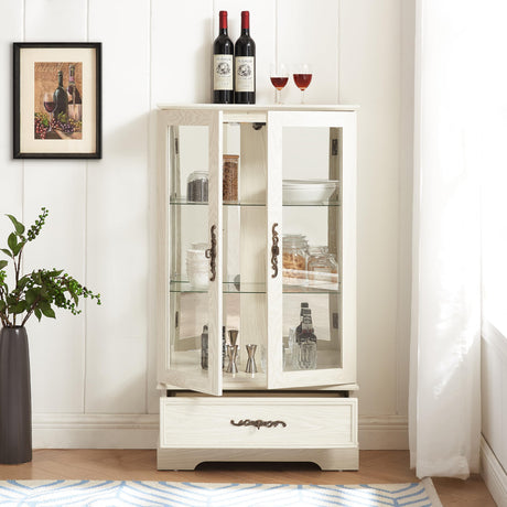 nifoti 47" H Lighted Curio Cabinet Display Case, Glass Cabinet with Adjustable Shelves,Tempered Glass Door and Drawer, Wooden Curio Cabinet with Mirrored Back Pane for Living Room (Antique White) nifoti