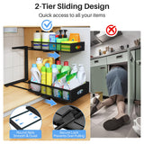 Under Sink Organizer, 2 Pack 2 Tier Pull Out Under Cabinet Organizer Shelf with Pad for Framed Cabinets, Metal Slide Out Under Sink Storage, Mesh Sliding Drawers for Kitchen Bathroom Laundry, Black PXRACK