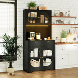 71" Black Kitchen Pantry Storage Cabinet with Lights and Charging Station, Tall Hutch Cabinet with Storage and Microwave Shelf for Dining Room spanspace