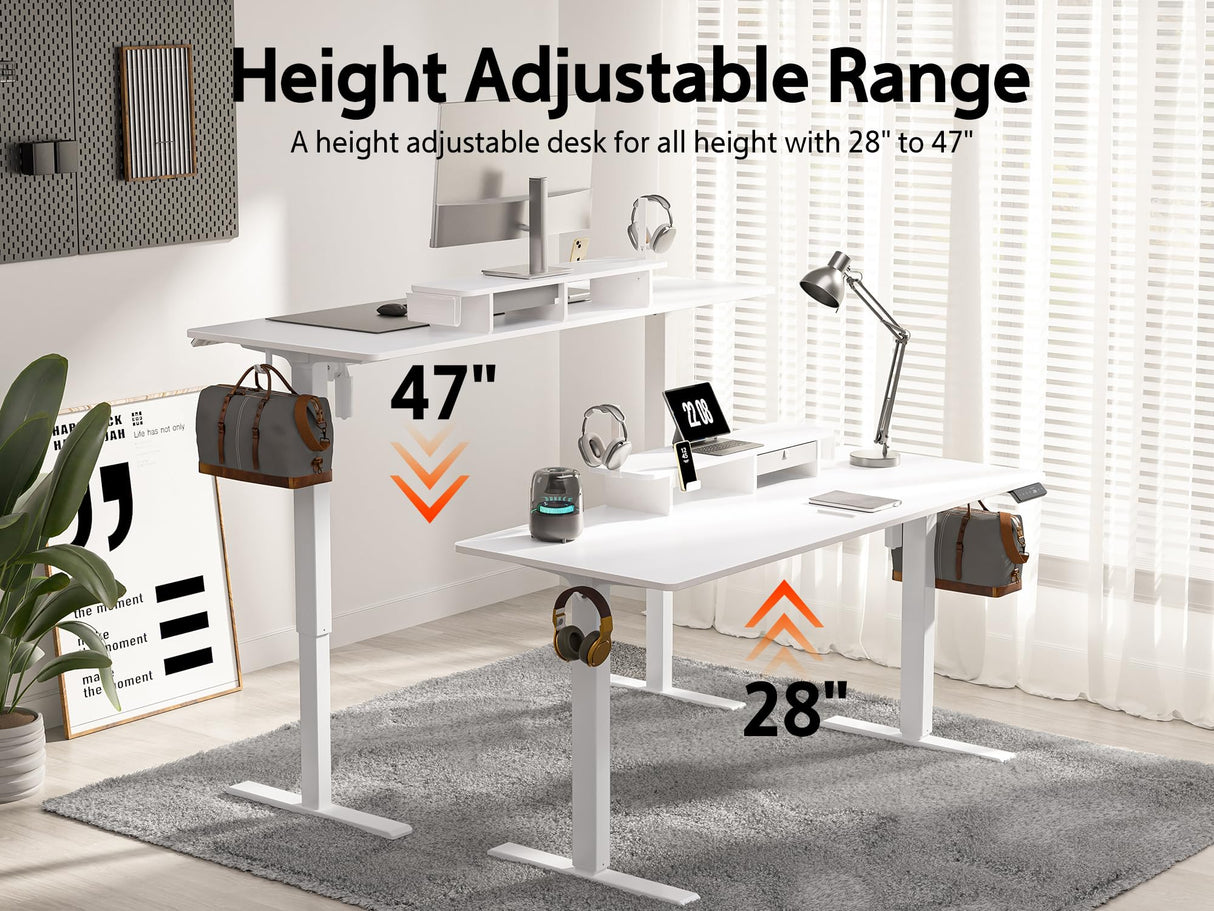 WALKINGDESK 55x24 Inches Electric Standing Desk with Drawer and Monitor Stand, Height Adjustable Stand up Desk for Home Office, Ergonomic Sit to Stand Desk with Phone Holder, 3 Hooks, White WALKINGDESK