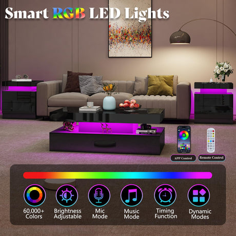 AMERLIFE High Gloss 3 Pieces Living Room Table Set, Modern LED Coffee Table Sets of 3, 2-Tier Center Table with 2 End Side Tables, LED Lights Bedside Table Nightstands with Charging Station, Black AMERLIFE