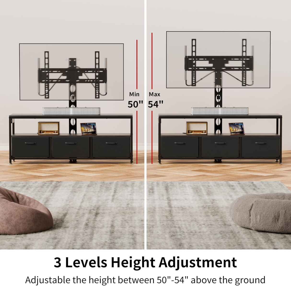 JUSTOGO TV Stand with Mount and Power Outlet, TV Stand Mount with Storage for Living Room, Entertainment Center with LED Lights for 45/55/60/65 inch TVs, Height Adjustable Media Console, Black JUSTOGO