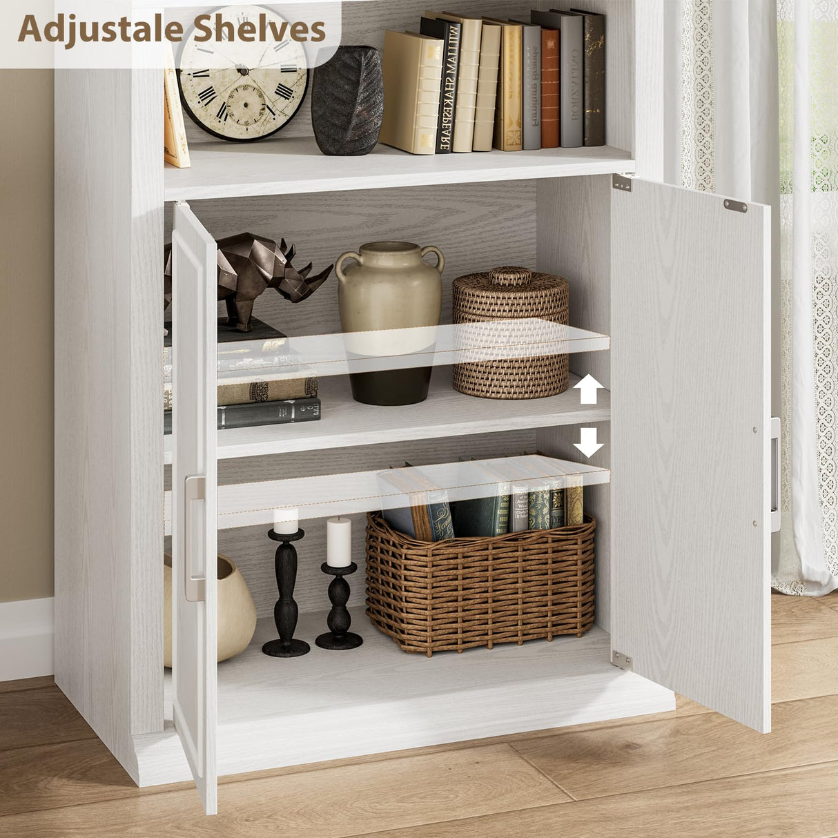 Rresyet 28" W Bookcase with Doors, Modern Tall Bookshelf 6-Tier White Bookshelves with Storage Cabinet for Office, Living Room, Library Rresyet