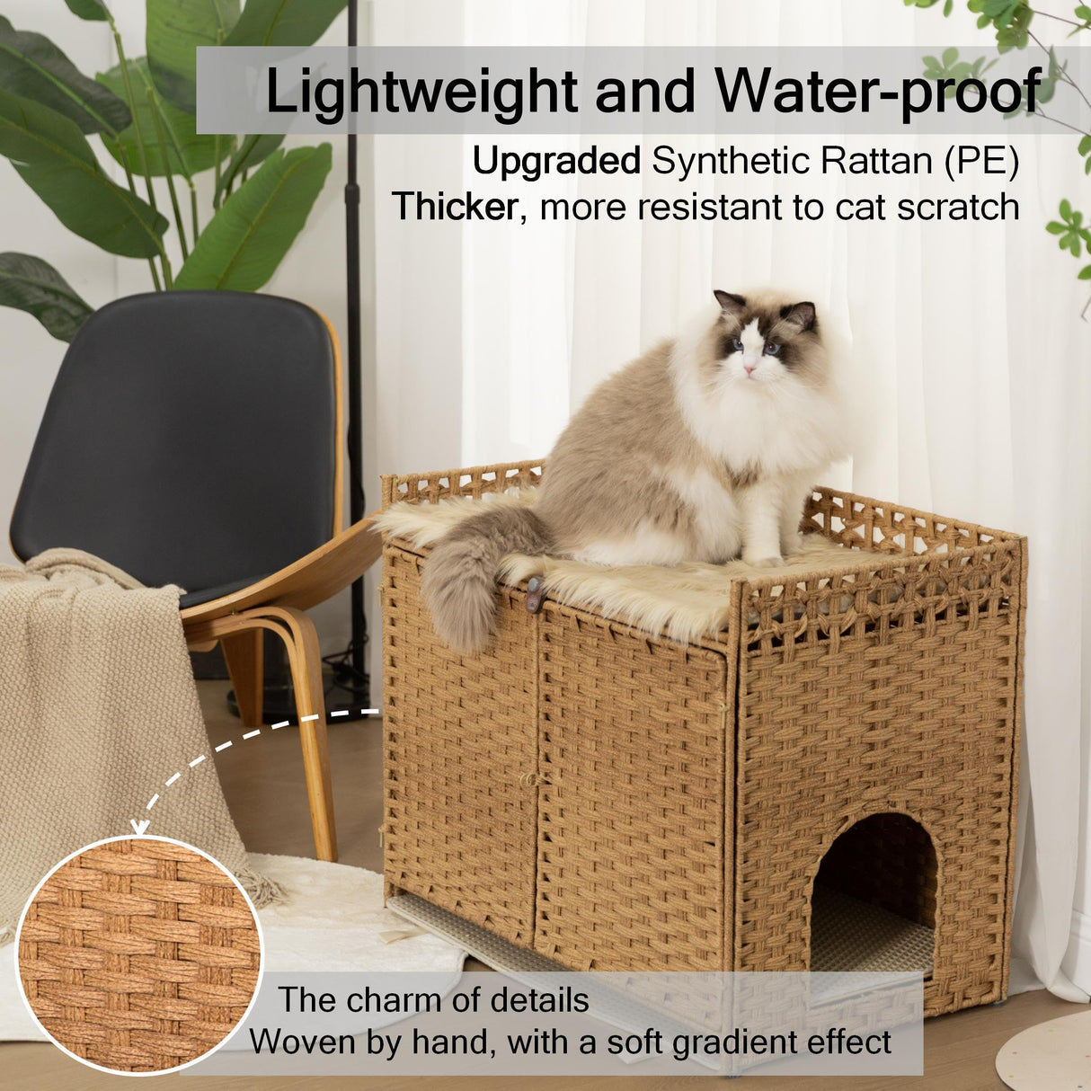 Cat Litter Box Enclosure and Hall Table, Handwoven Rattan Cat Litter Box Hider Furniture with 2 Litter Mats, Three-Sided Fenced Top, Large 30.3”L x 18.2”W x 24.2”H, Ombre Wheat Furriends