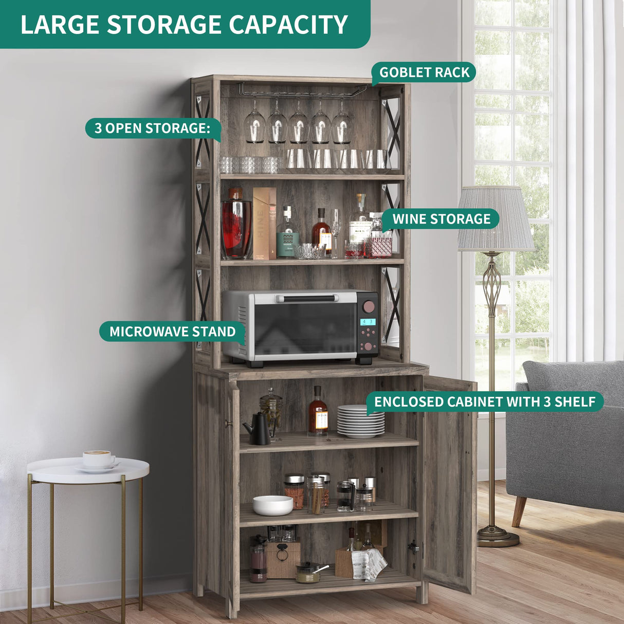 YITAHOME 67" Tall Bar Wine Cooler for Liquor and Glasses, Farmhouse Storage Cabinet w/Wine Rack, Open Storage Shelves, Buffet Kitchen Cabinet with Wooden Doors for Living Room, Living Room, Grey Wash YITAHOME