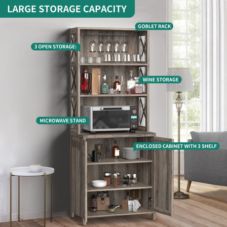 YITAHOME 67" Tall Bar Wine Cooler for Liquor and Glasses, Farmhouse Storage Cabinet w/Wine Rack, Open Storage Shelves, Buffet Kitchen Cabinet with Wooden Doors for Living Room, Living Room, Grey Wash YITAHOME