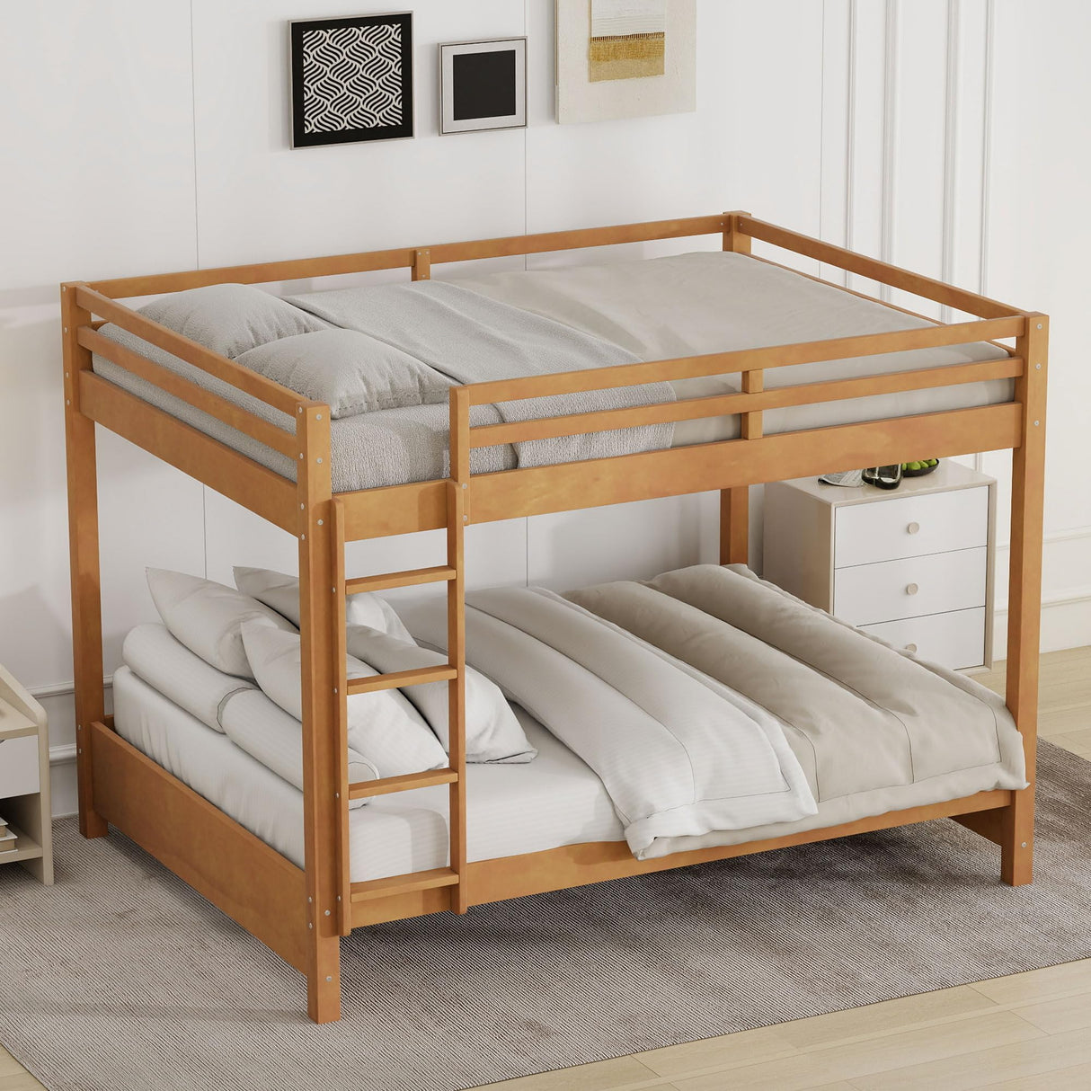 Harper & Bright Designs Queen Over Queen Bunk Bed with Guardrails, Wood Bunk Beds with Ladder, Bunk Bed Frame for Kids, Adults, Teens, Space-Saving, Solid Wood Structure, Natural Harper & Bright Designs