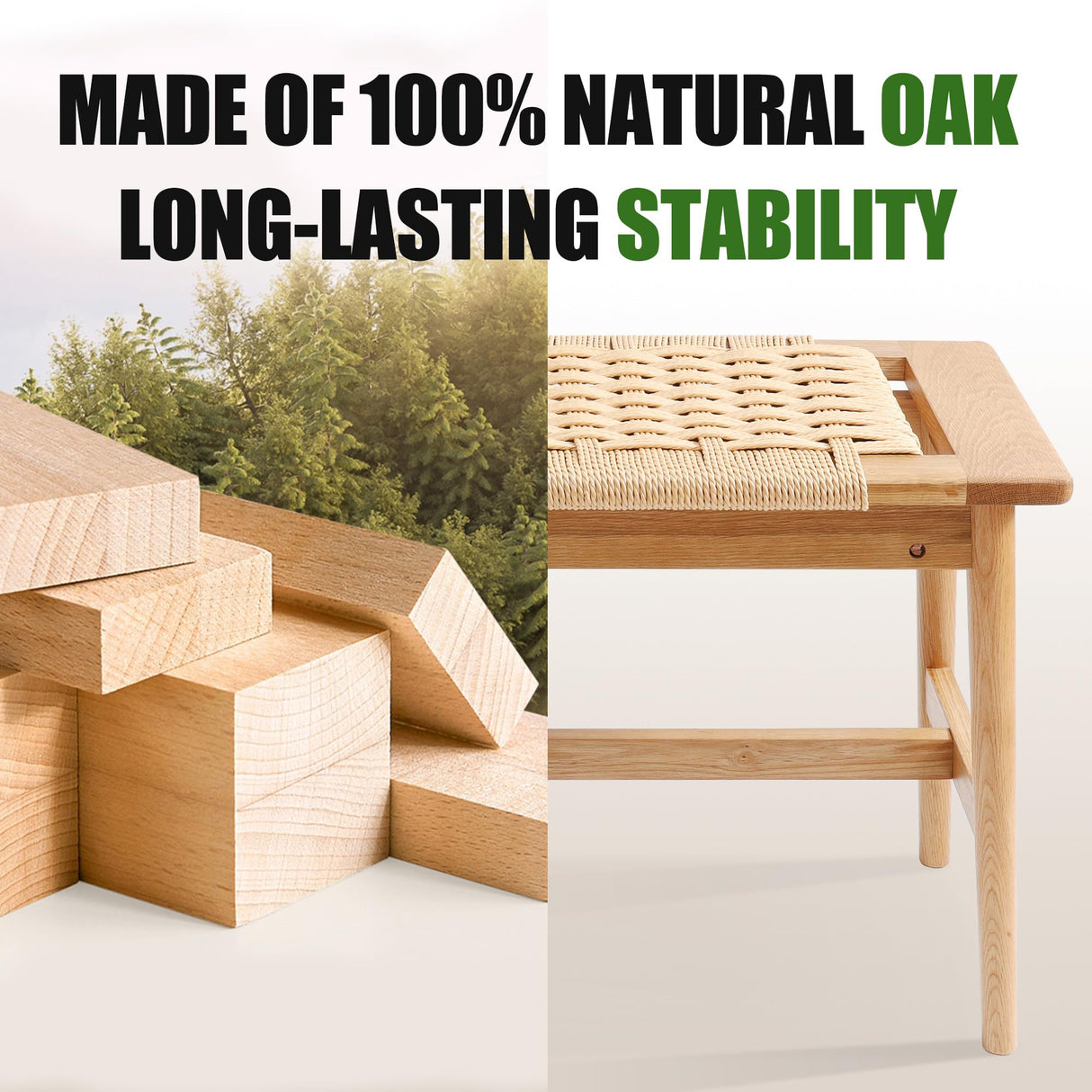 33.5" L Wood Dining Bench Indoor, 100% Natural Solid Oak Bed Bench Hand Woven Enterway Bench Small Bench for Dining Room, Bedroom, Kitchen (Natural) OGMILL