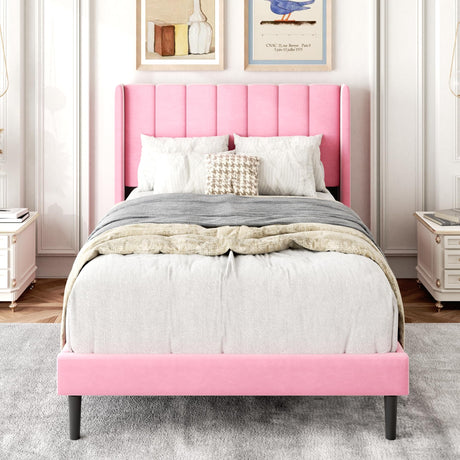 Gruwans Twin Size Bed Frames with Wingback Headboard Easy Assemnly Platform Bedframe, Sturdy Wooden Slat Support No Box Spring Needed, Pink Velvet Gruwans