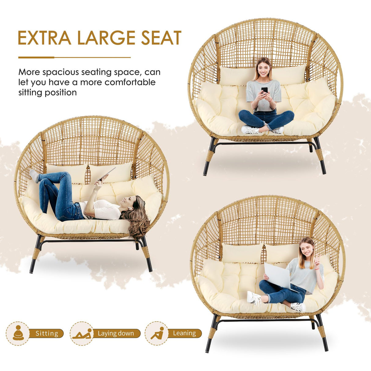 NICESOUL® Double Egg Chair Indoor Outdoor Stationary Oversized Thicken Padded Cushions,2 Person Egg Loveseat Chair,680 lbs Extra Large Lounge Chair for Patio Balcony Porch Backyard Beige with Cover NICESOUL