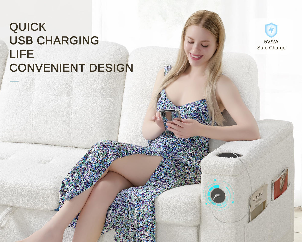 PaPaJet 84 Inch Pull Out Couch, Sleeper Sofa with Storage Chaise, Tufted L Shape Convertible Couch with 2 USB & Cup Holders, Boucle White PaPaJet