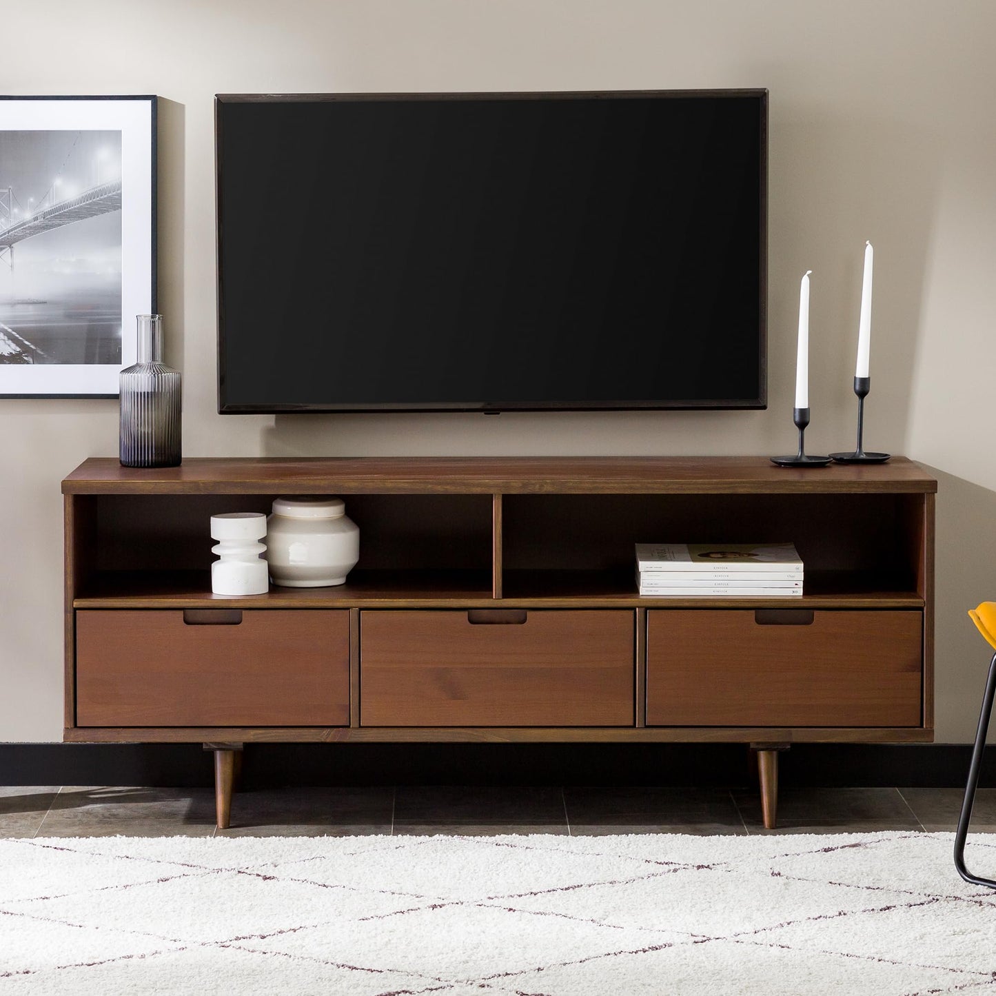 Walker Edison 3-Drawer Mid Century Modern Wood TV Stand for TV's up to 65" Flat Screen Cabinet Door Living Room Storage Entertainment Center, 58 Inch, Walnut - WoodArtSupply