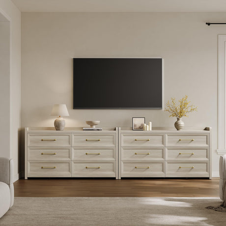 SICOTAS 6 Drawer Dresser for Bedroom-56.4" Extra-Wide Wooden Chest of Drawers with Large Storage, Long Dresser TV Stand with Drawers, Farmhouse Closet Dressers for Nursery Living Room, Grey White Oak SICOTAS