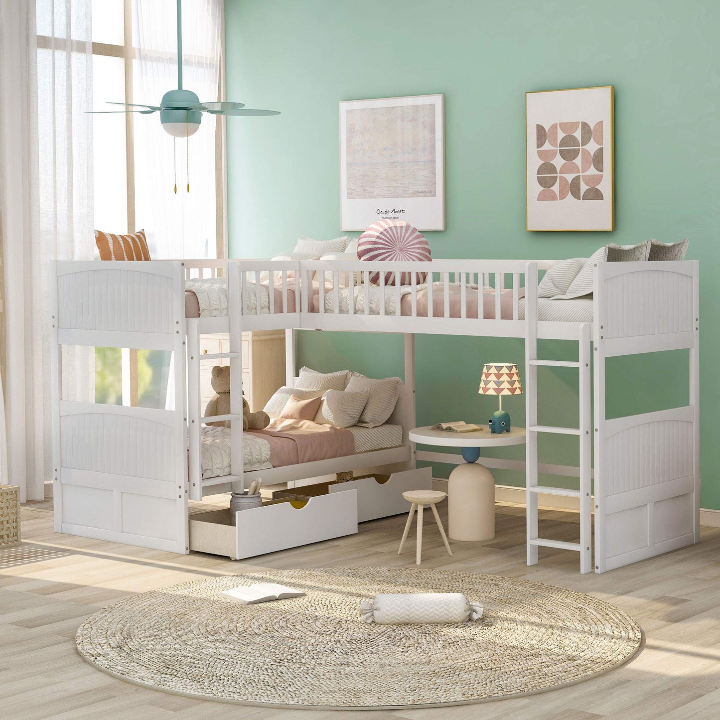 Wood Triple Bunk Bed with Drawers, L-Shaped Bunk Beds for 3, Twin Over Twin Bunk Bed with a Loft Bed Attached for Kids, Teens, Adults (White)