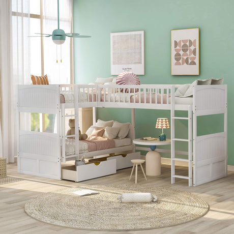 Merax L-Shaped Solid Wood Bunk Bed, Twin Over Twin Over Twin Bed with 2 Drawers and 2 Ladders, Twin Size Bunk Bed with a Loft Bed Attached, White Merax