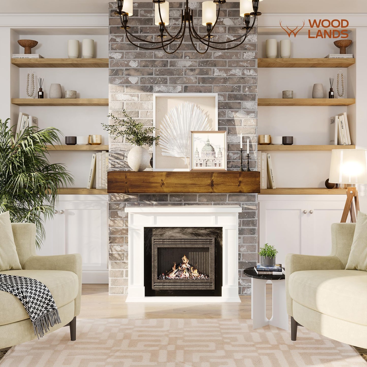 Woodlands-USA 48 Floating Fireplace Mantel Wood Shelf - Rustic Mantels For Over Fireplace, 48 Inch Handcrafted Wall Mounted Mantle Shelf, 48 Inches X 8 X 5 Fireplace Mantel Shelves - Traditional Brown