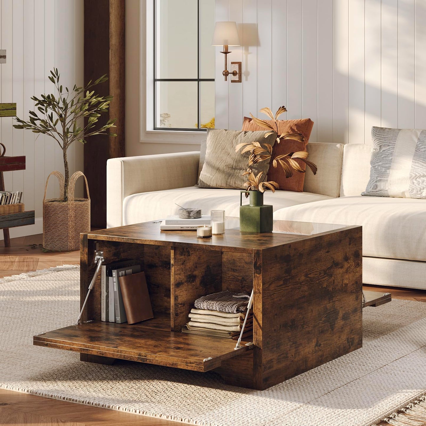 Bestier 31.5 inch Farmhouse Coffee Table with Storage, LED Square Coffee Table, Wood Center Table with Hidden Storage for Living Room, Side Opening Cocktail Table for Home Office, Rustic Brow - WoodArtSupply