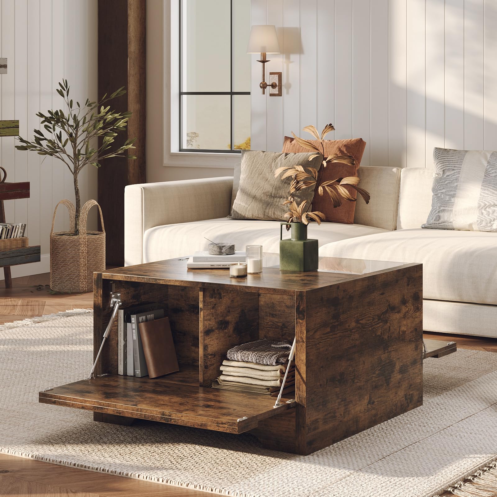 Bestier 31.5 inch Farmhouse Coffee Table with Storage, LED Square Coffee Table, Wood Center Table with Hidden Storage for Living Room, Side Opening Cocktail Table for Home Office, Rustic Brow - WoodArtSupply