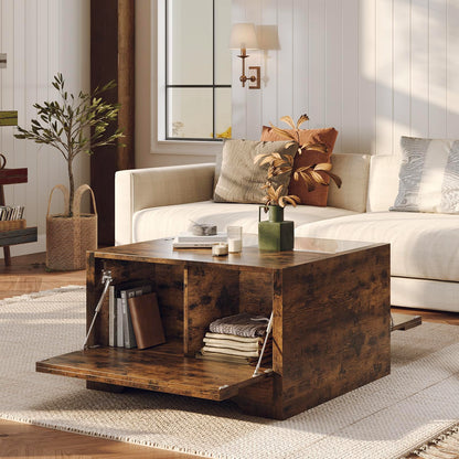 Bestier 31.5 inch Farmhouse Coffee Table with Storage, LED Square Coffee Table, Wood Center Table with Hidden Storage for Living Room, Side Opening Cocktail Table for Home Office, Rustic Brow - WoodArtSupply