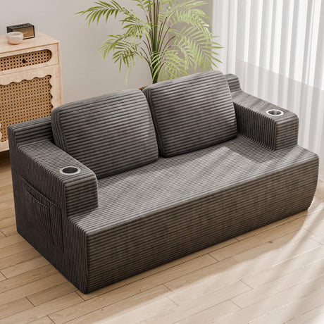 Homall 87” Boneless Sofa Couch with 2 Pillows Extra Deep Seats, Corduroy Fabric 3 Seater with Cup Holder & Storage Pocket Upholstered Floor Easy Installation (Grey, Loveseat) Homall