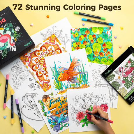 Ohuhu Markers Brush Tip 80-Colors with 72-Sheet Coloring Book - Double Tipped Markers for Adults Coloring Books - Art Marker Set Bundles with 100% Bleed-Proof Coloring Pages - Fine & Brush Dual Tips Ohuhu