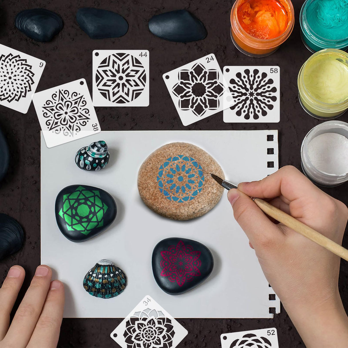 60pcs Mandala Stencils for Painting, 2x2 Inch Reusable Mandala Dotting Stencil PET Crafts Art Drawing Templates for Rocks Wood Furniture Canvas Fabric Decoration DIY Projects (Style 2) BOXOB