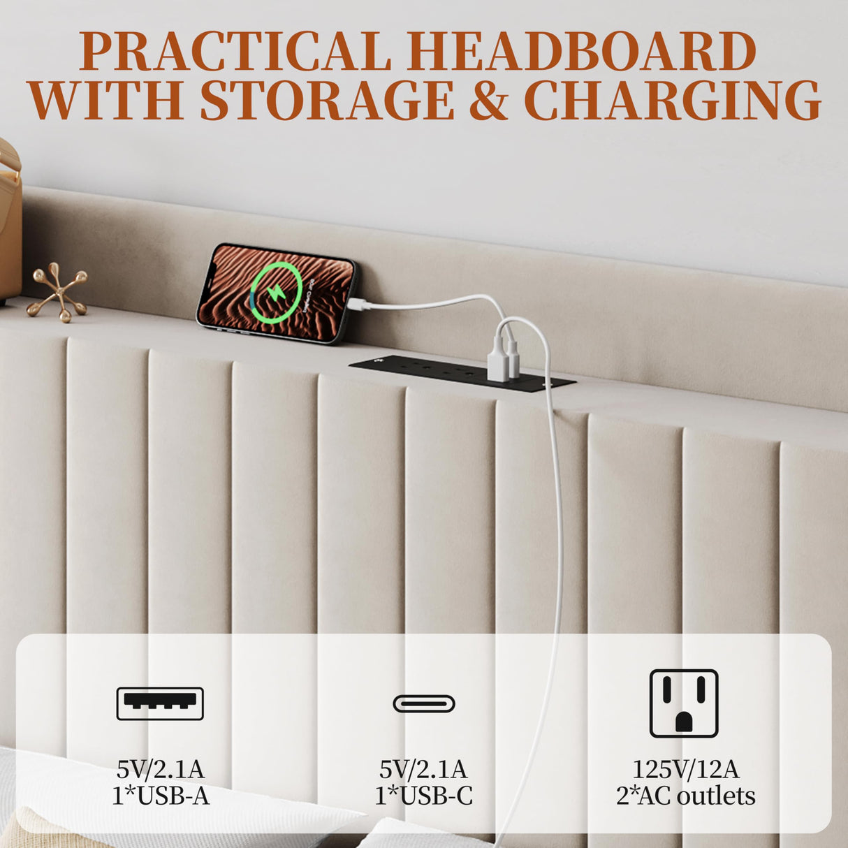 Yaheetech Queen Bed Frame with Headboard, Upholstered Headboard with Charing Station and Storage Shelf, Platform Bed Frame, No Box Spring Needed, Easy Assembly, Beige Yaheetech