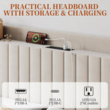 Yaheetech Queen Bed Frame with Headboard, Upholstered Headboard with Charing Station and Storage Shelf, Platform Bed Frame, No Box Spring Needed, Easy Assembly, Beige Yaheetech