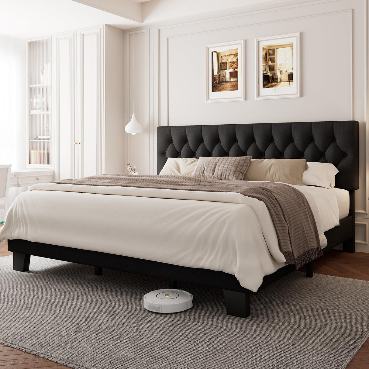 Einhomn King Upholstered Bed Frame with Headboard, Button Tufted Linen Bed Base, Platform Bed with Heavy Duty Wood Slat Support, Noise Free, No Box Spring Needed, Easy Assembly, Black Einhomn