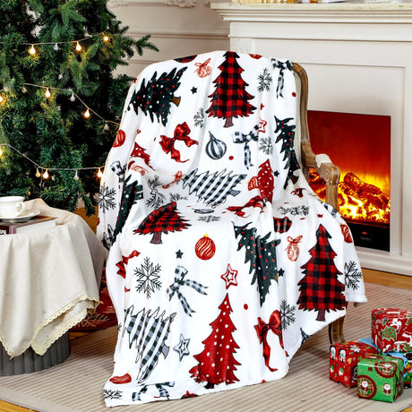 FuWeave Buffalo Plaid Christmas Tree Blanket Flannel Christmas Throw Blanket Xmas Red Black Colorful Trees Snowflake Farmhouse Decoration Gifts for Couch Bed Sofa Holiday 50" x 60" FuWeave