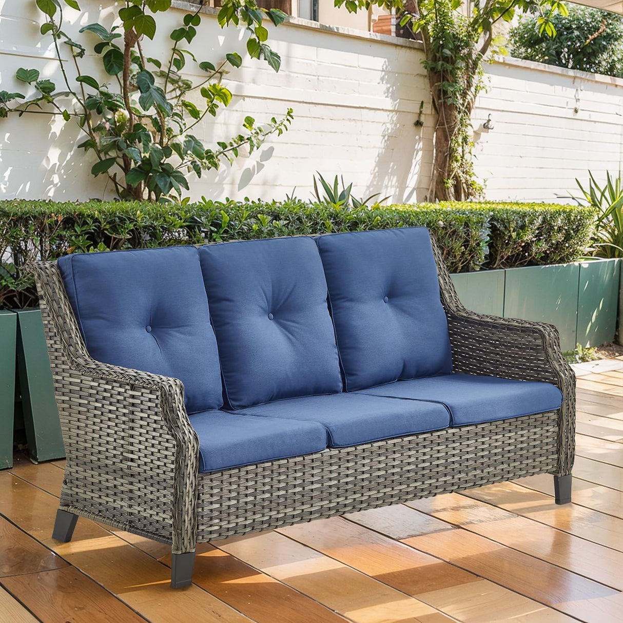 Bellefurn Patio Sofa Couch Outdoor Wicker Sofa PE Rattan 3-Seat Couch with Curved Armest Water Resistant Cushions for Garden Balcony Sunroom Poolside, Grey Wicker|Blue Cushions, Sofa(1PC) Bellefurn
