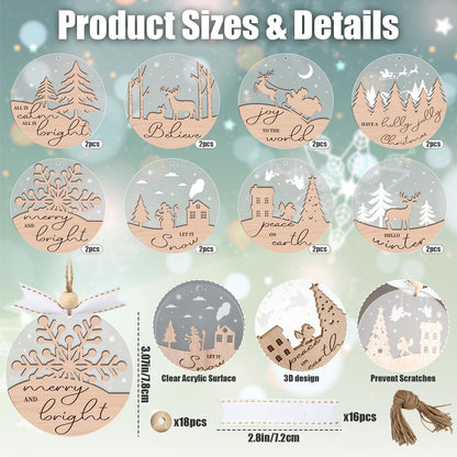 GuassLee 16pcs Winter Christmas Hanging Ornaments for Tree - 3D Wooden Acrylic Christmas Cutouts Reindeer Snowman Snowflake Ornaments for Christmas Tree Gifts Winter Party Supplies