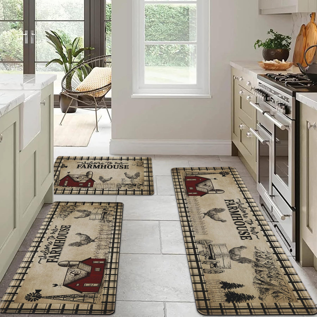 CHICNOOK PVC Farmhouse Kitchen Rugs Anti Fatigue 3 Piece, Washable Non-Skid Kitchen Mat, Farmhouse Rooster Kitchen Floor Mat, Cushioned Kitchen Floor Mats, Size 18'' x 30''+18" x 48"+18" x 60" CHICNOOK