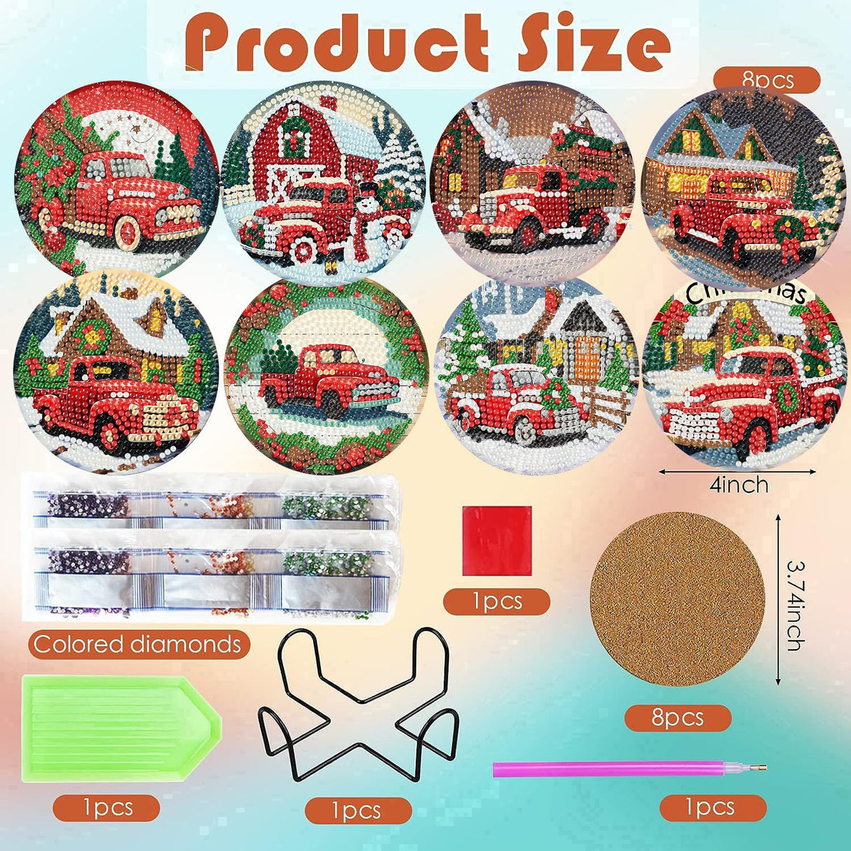 ijbnhd 8 PCS Christmas Diamond Art Coasters Kit, Christmas Truck Diamond Painting Coasters with Holder, Arts and Crafts Supplies Astral 4X4inch (Cork Wooden Pad) ijbnhd