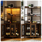 Garvee 5-Tiers Corner Bar Cabinet with Power Outlet,64''Industrial Tall Wine Cabinet with LED Lights&Glass Holder, Liquor Cabinet with Storage,Corner Display Shelf for Living Room/Kitchen(Brown) Garvee