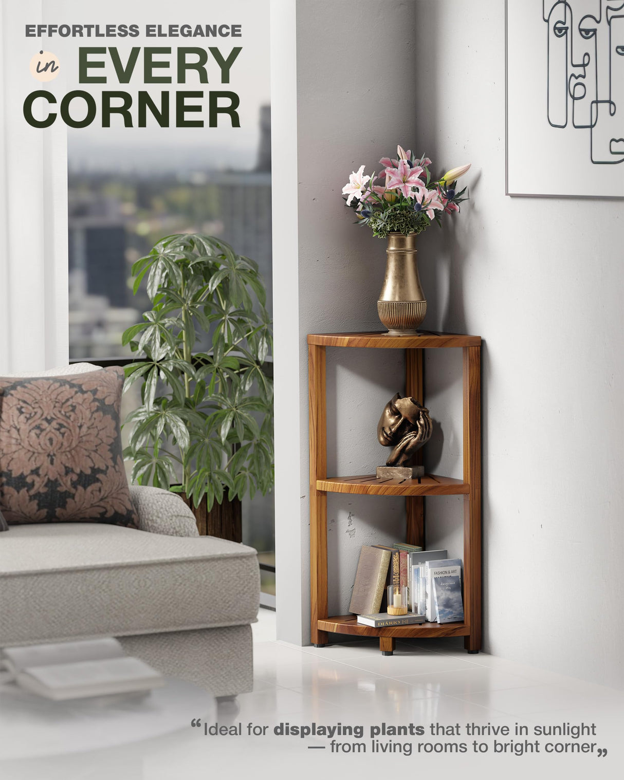 BLUEWEST 3-Tier Corner Shower Caddy Stand, Wood Shower Organizer Standing with Anti-Slip Feet, Waterproof & Durable Bathroom Corner Shelf, Space-Saving Design Storage for Kitchen or Living Room BLUEWEST