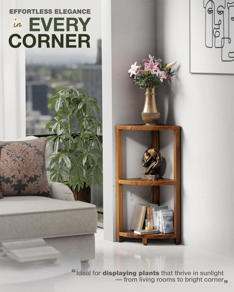 BLUEWEST 3-Tier Corner Shower Caddy Stand, Wood Shower Organizer Standing with Anti-Slip Feet, Waterproof & Durable Bathroom Corner Shelf, Space-Saving Design Storage for Kitchen or Living Room BLUEWEST