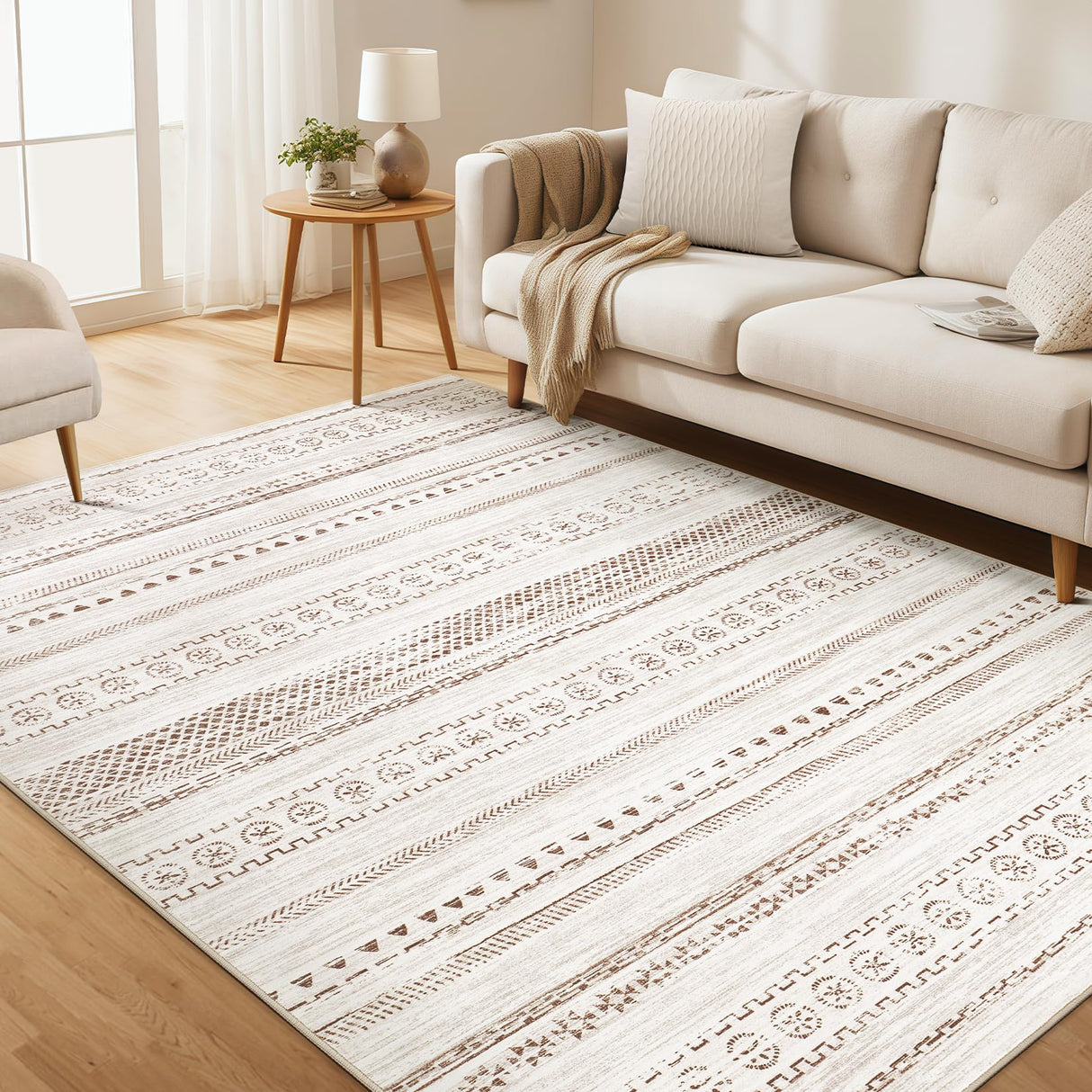 Area Rug Living Room Rugs - 5x7 Washable Boho Farmhouse Bohemian Neutral Large Moroccan Geometric Soft No Slip Indoor Rug Thin Floor Carpet for Bedroom Under Dining Table Home Office - Brown kakania