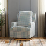 NAMESAKE Crewe Electronic Recliner and Swivel Glider in Blue Gingham with Light Wood Base, Greenguard Gold & CertiPUR-US Certified NAMESAKE