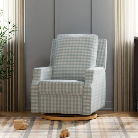NAMESAKE Crewe Electronic Recliner and Swivel Glider in Blue Gingham with Light Wood Base, Greenguard Gold & CertiPUR-US Certified NAMESAKE