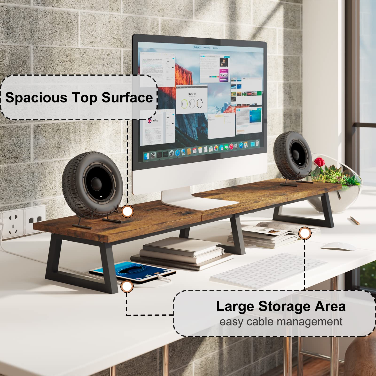 TEAMIX 42 inch Large [Dual] [Monitor] [Riser],Rustic Brown Extra Long TV [Stand Wood & Steel Desktop [Riser] with Storage for [Dual] Screen Office Desk Organization - WoodArtSupply