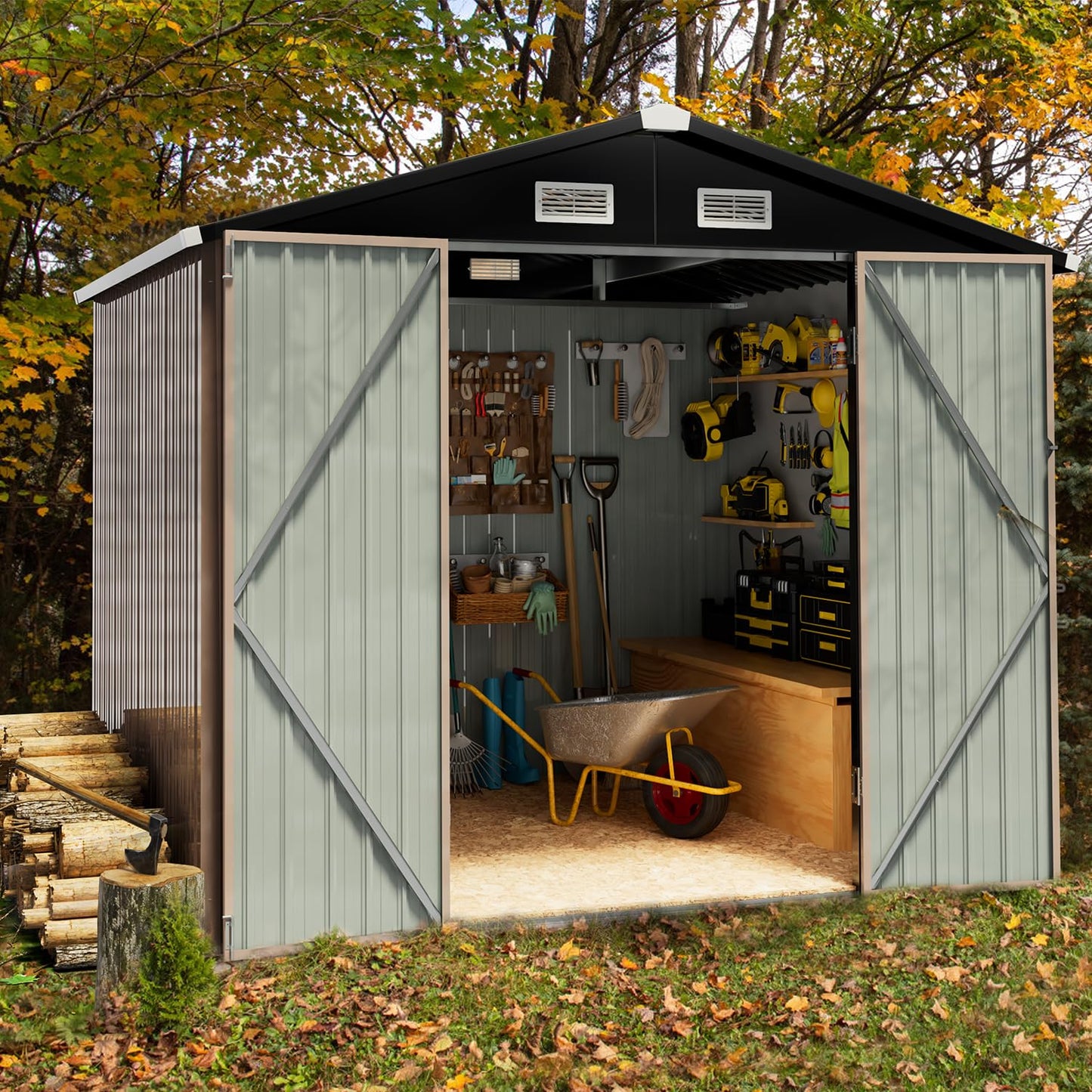 Breezestival Outdoor Storage Shed 5.6x8.5 FT, Utility Steel Tool Shed with Lockable Door and Air Vents, Galvanized Metal Shed for Garden Backyard Patio Lawn (6' x 8')