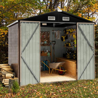 Breezestival Outdoor Storage Shed 5.6x8.5 FT, Utility Steel Tool Shed with Lockable Door and Air Vents, Galvanized Metal Shed for Garden Backyard Patio Lawn (6' x 8')