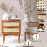 Bme Oliver Solid Wood Rattan Nightstand/Side End Table, Fully Assembled, for Bohemian & Mid Century Style Bedroom and Living Room, 2-Drawer, Caramel Bme